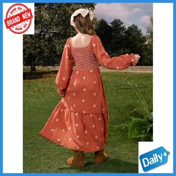 Girls Maxi Dress Boho Floral Long Sleeves Smocked Square Neck 5-14Y - Picture 7 of 7